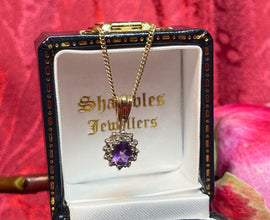 9ct Yellow Gold Amethyst and Diamond Cluster Necklace and Earrings Set