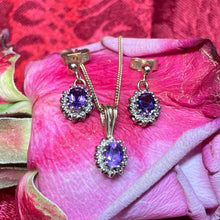 9ct Yellow Gold Amethyst and Diamond Cluster Necklace and Earrings Set